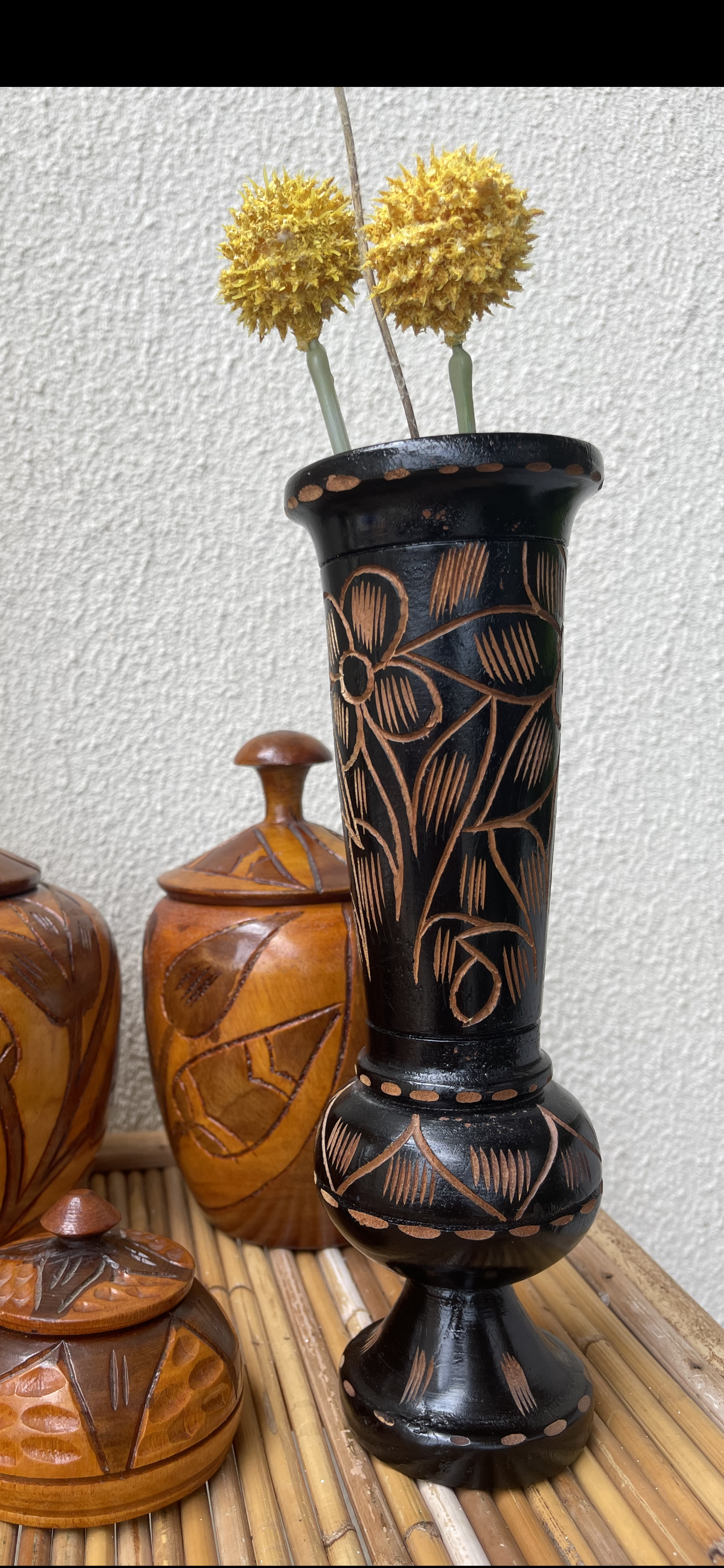 Black Hand Carved Wood Vase