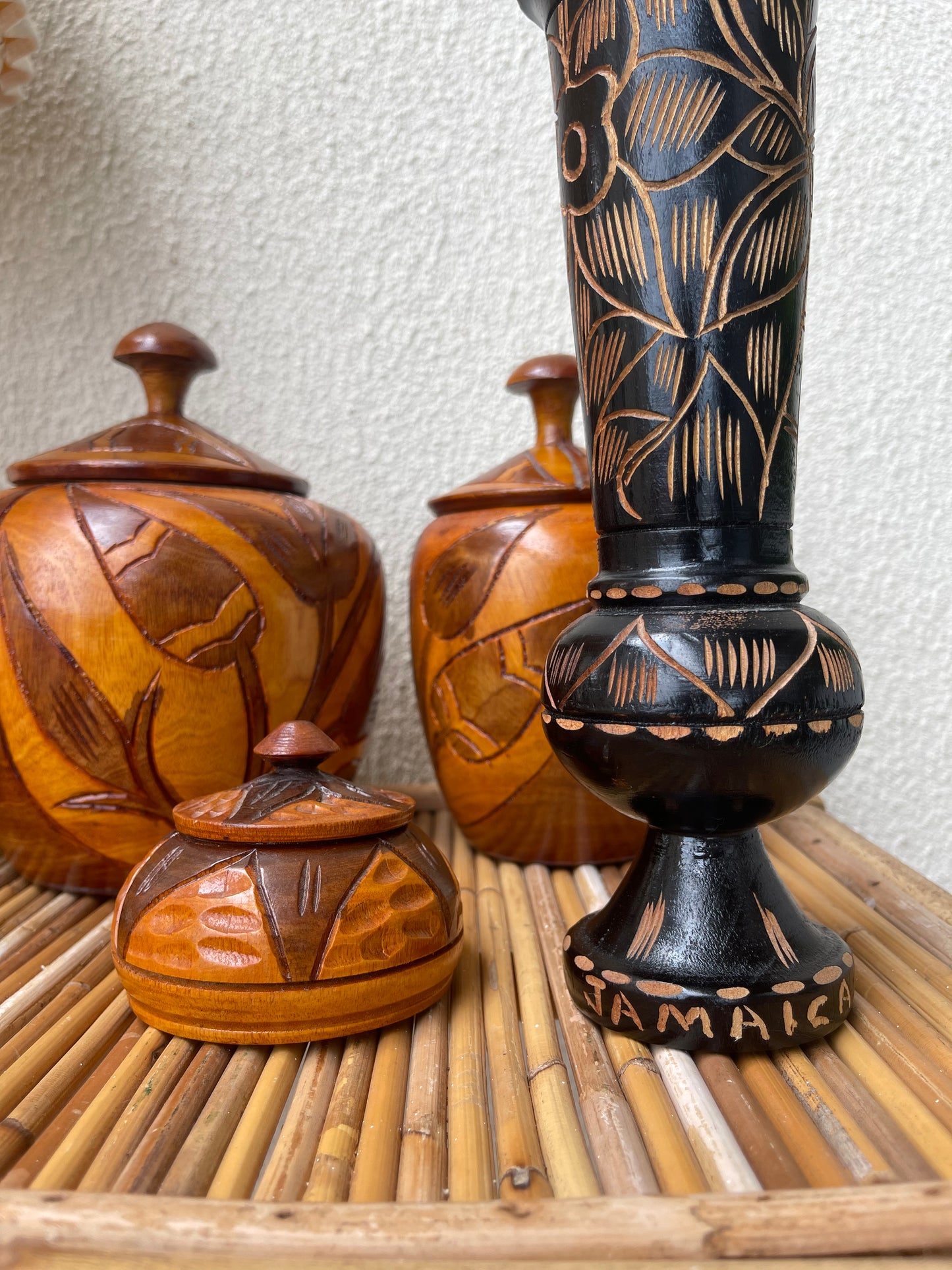Black Hand Carved Wood Vase
