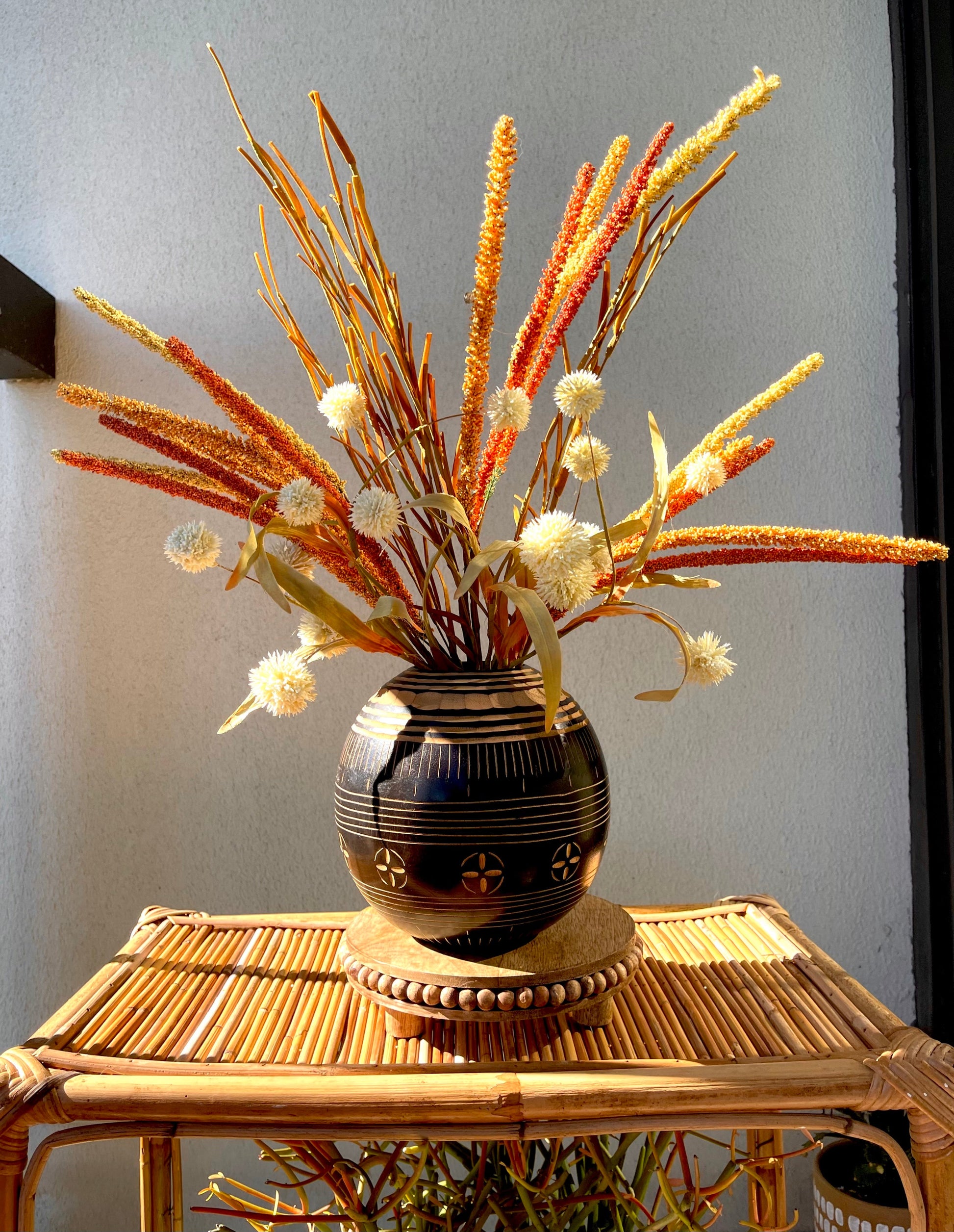 Hand Carved Round Wooden Floral Vessel
