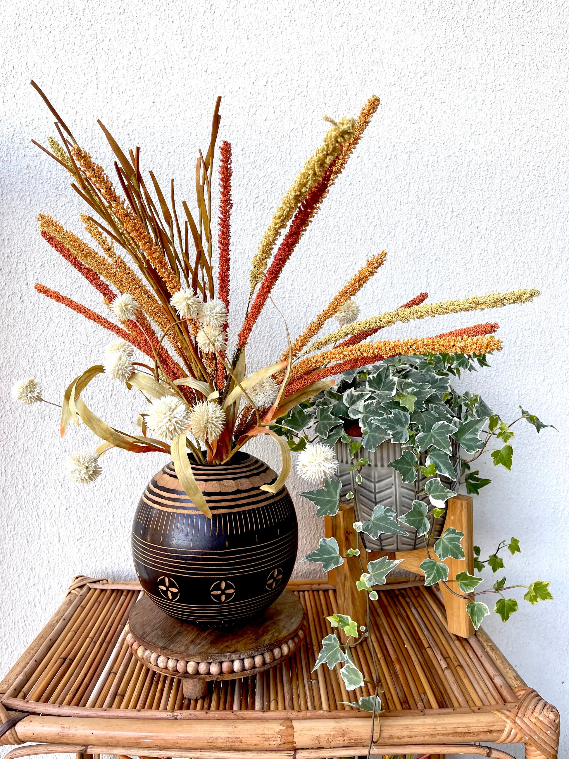 Hand Carved Round Wooden Floral Vessel Styled