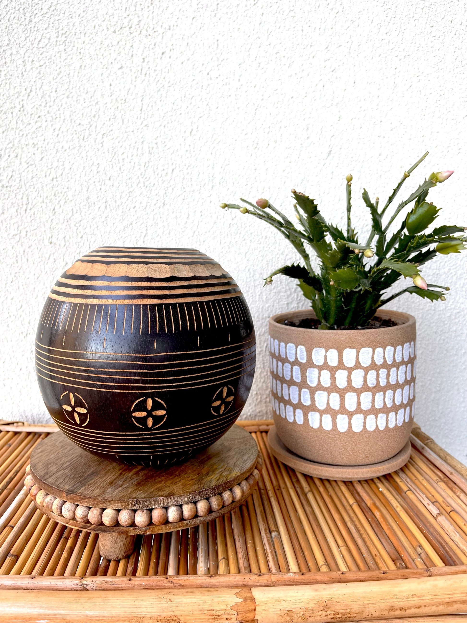 Hand Carved Round Wooden Floral Vessel