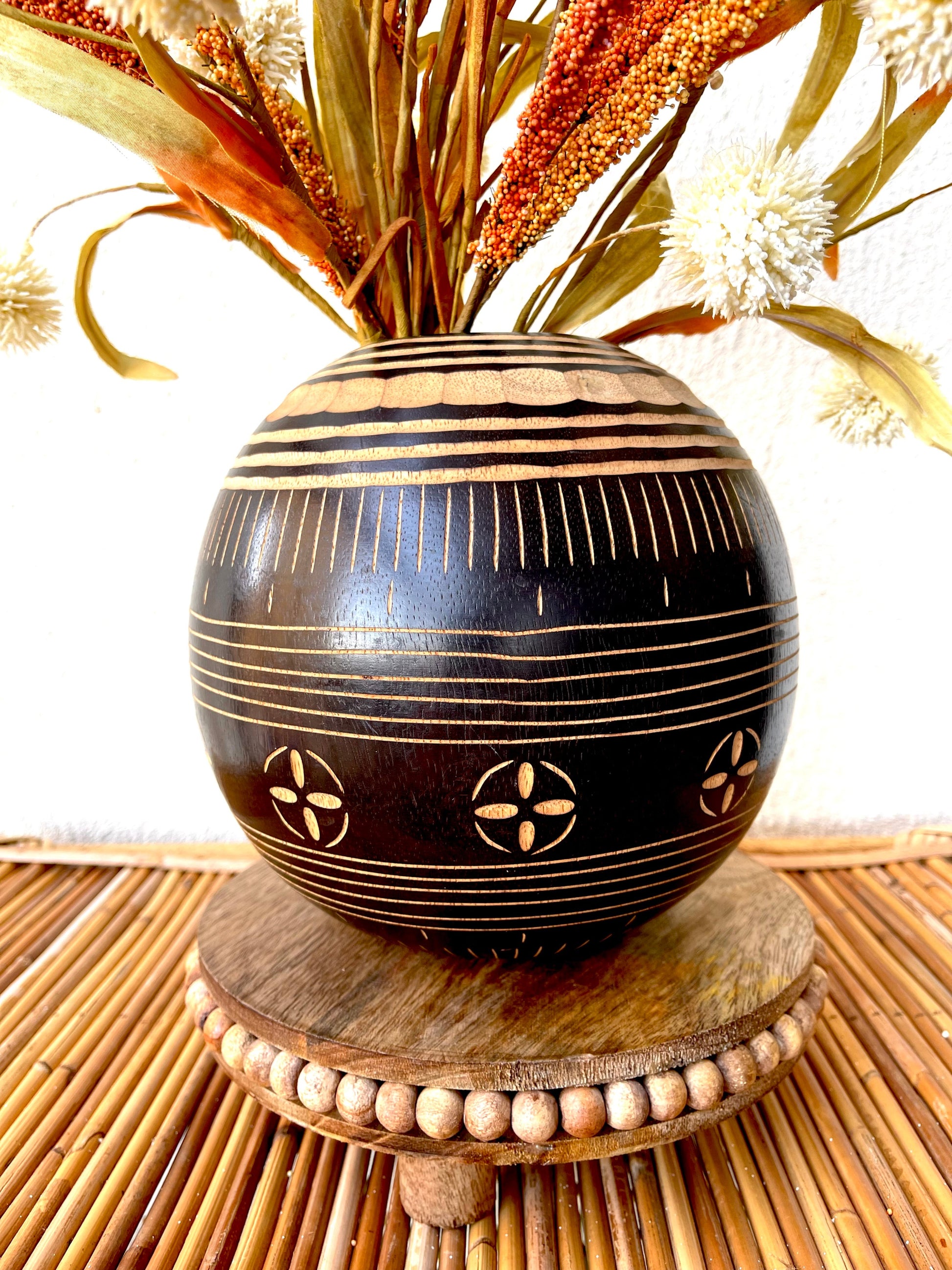 Hand Carved Round Wooden Floral Vessel close up