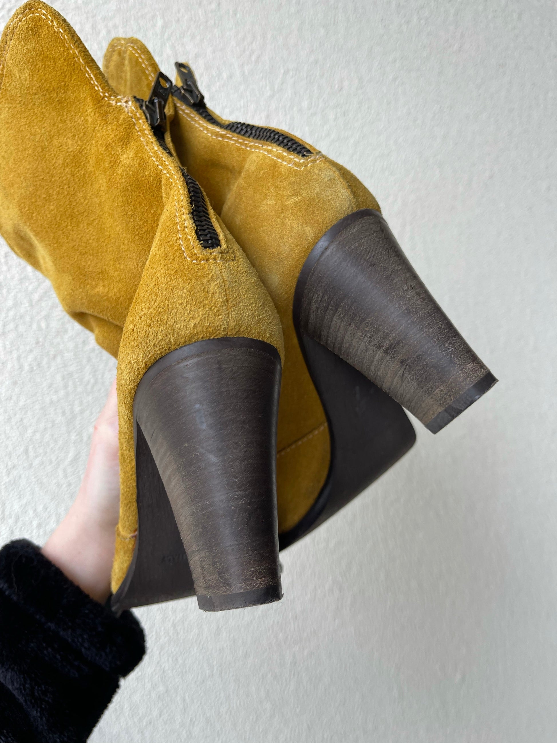 Italian Suede Mustard Yellow Booties Heel