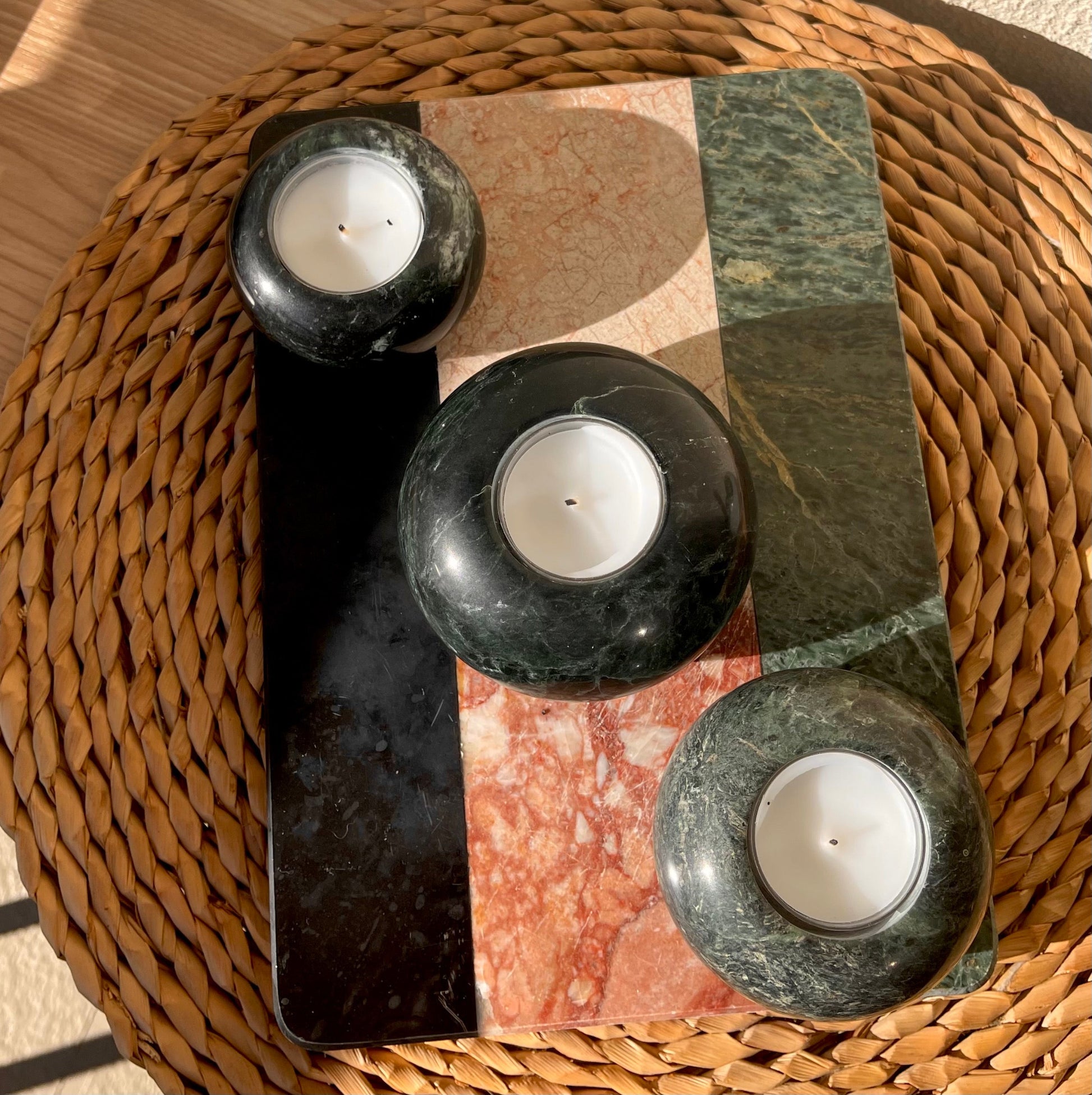 Vintage green granite Marble Candle holder set