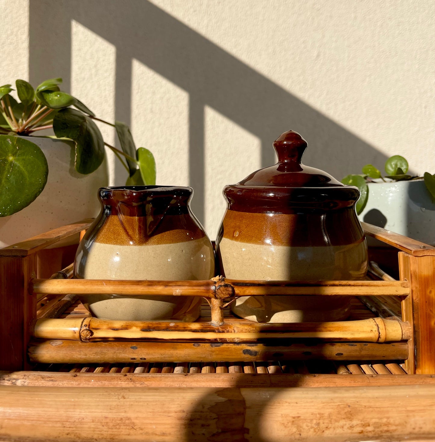 Vintage tan and rattan Cream and Sugar jar set
