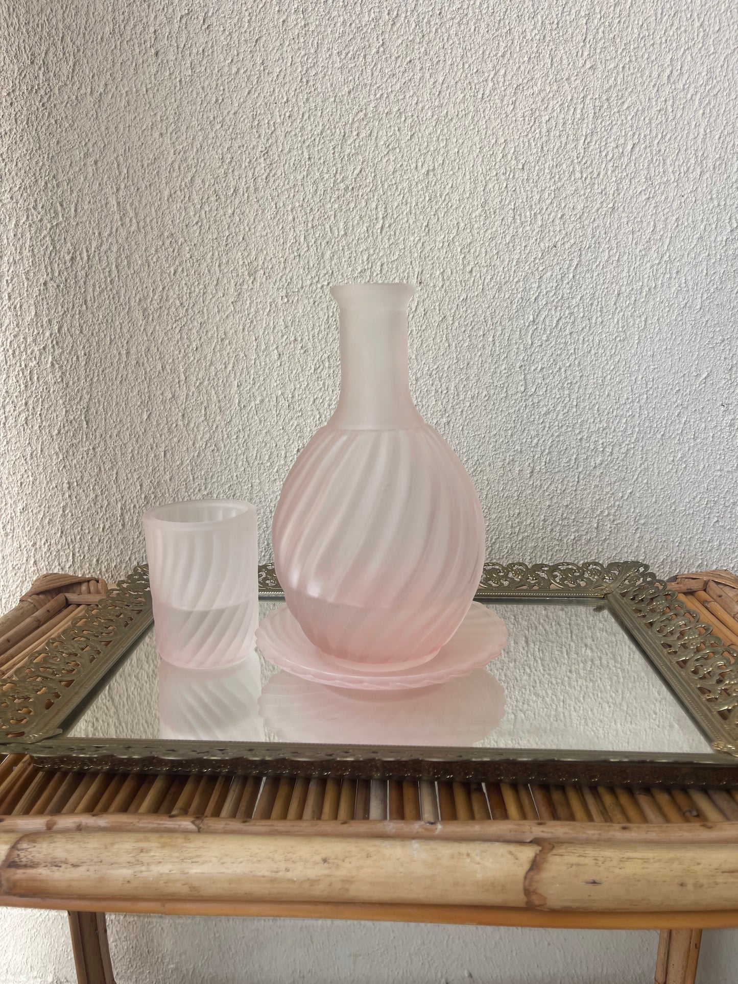 Vintage Pink Swirl Frosted Carafe Decanter Set