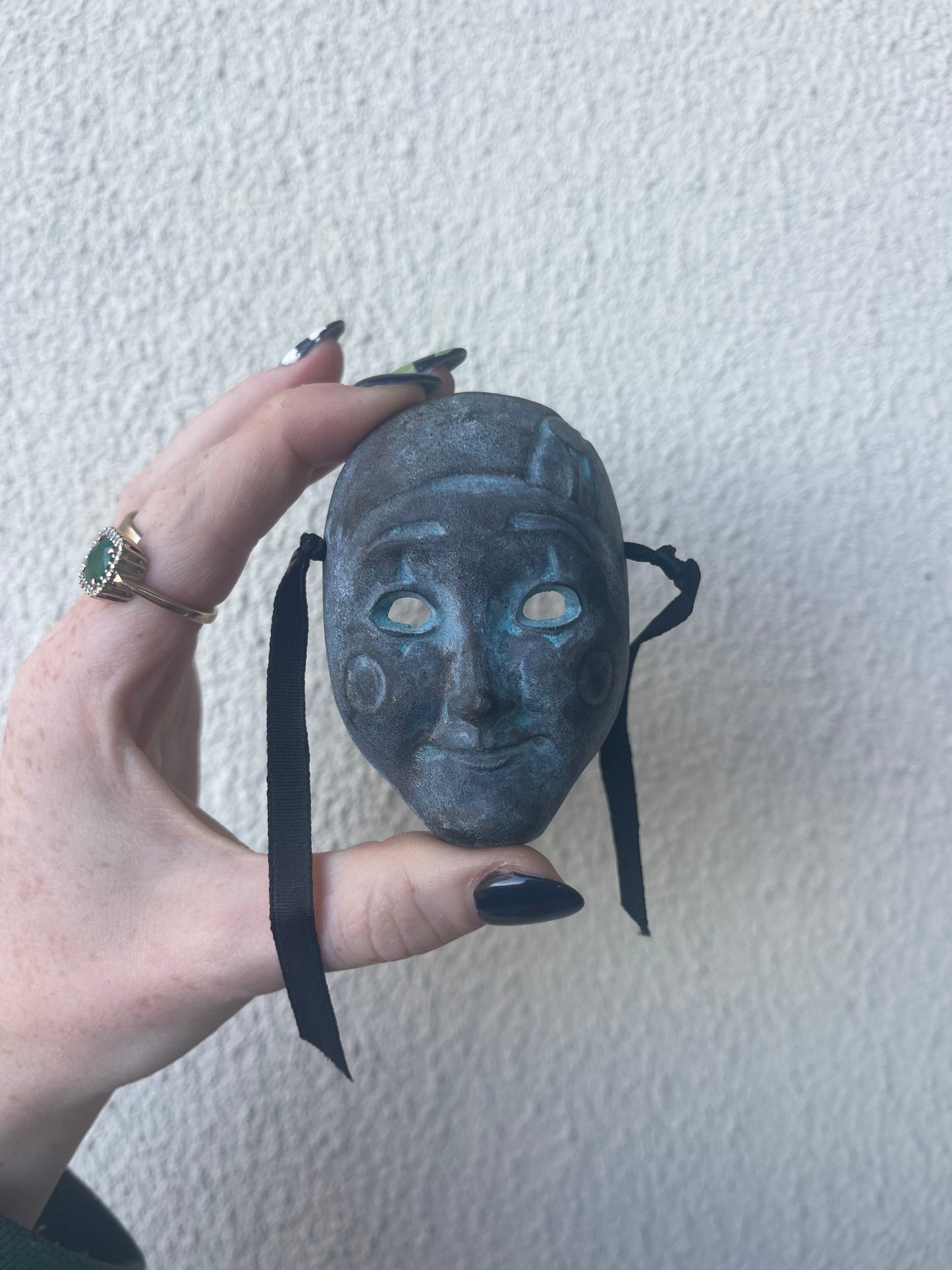 Vintage mini  metal masquerade mask trinket close up