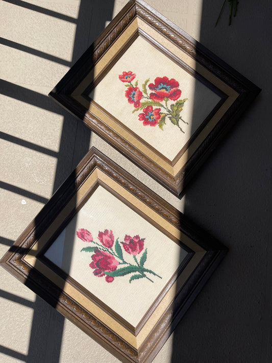 Vintage Framed Floral Embroidery Set