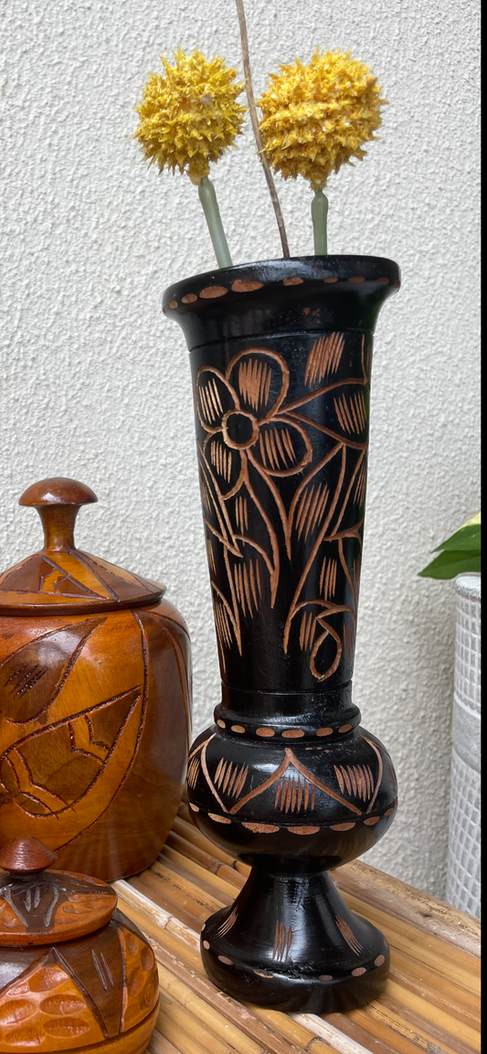 Black Hand Carved Wood Vase