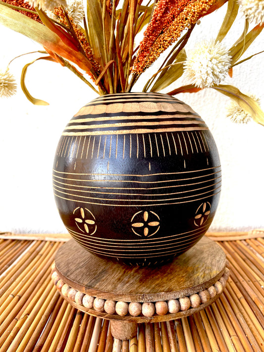 Hand Carved Round Wooden Floral Vessel close up