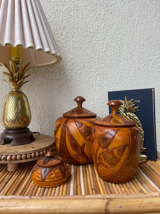 Hand Carved Wooden Jar Set 3