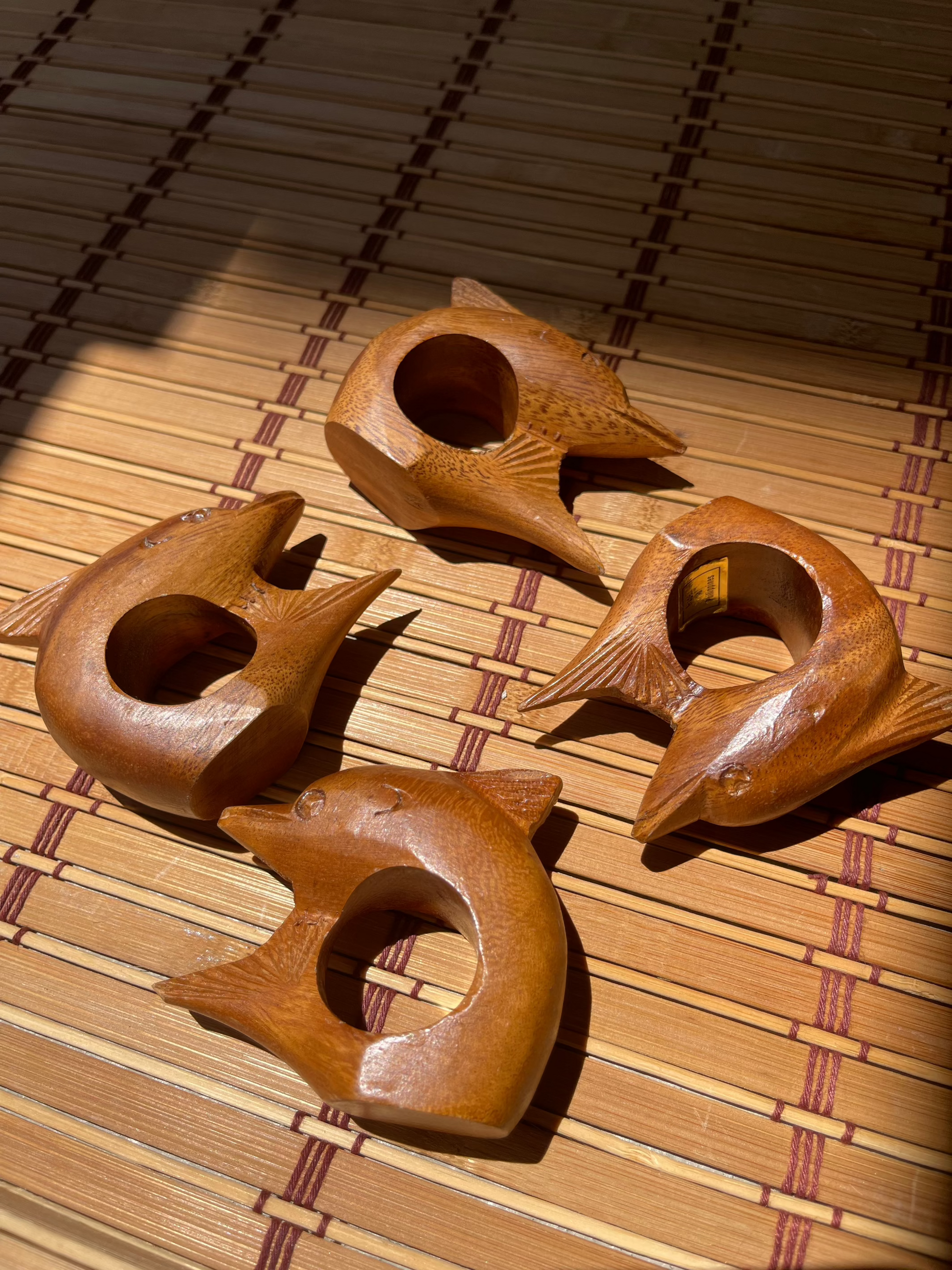 Vintage Hand Carved Dolphin Napkin Ring Set