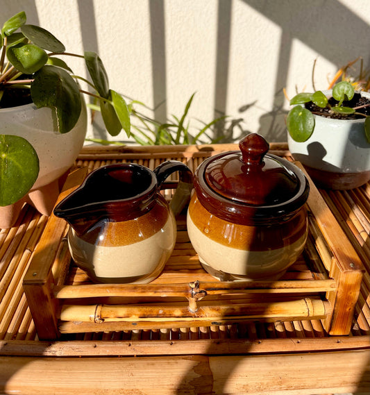 Vintage tan and rattan Cream and Sugar jar set