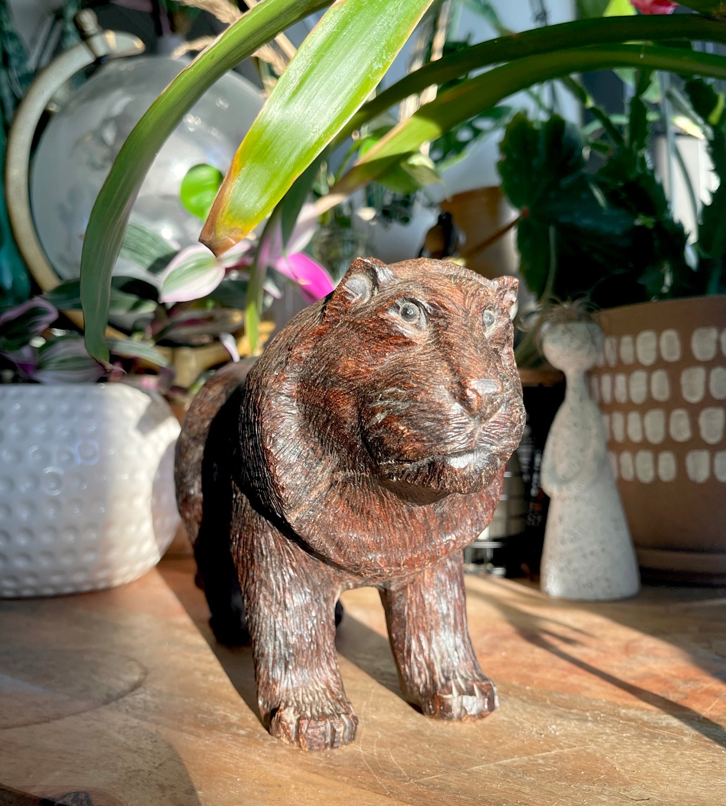 Vintage Hand Carved Solid Wood Lion