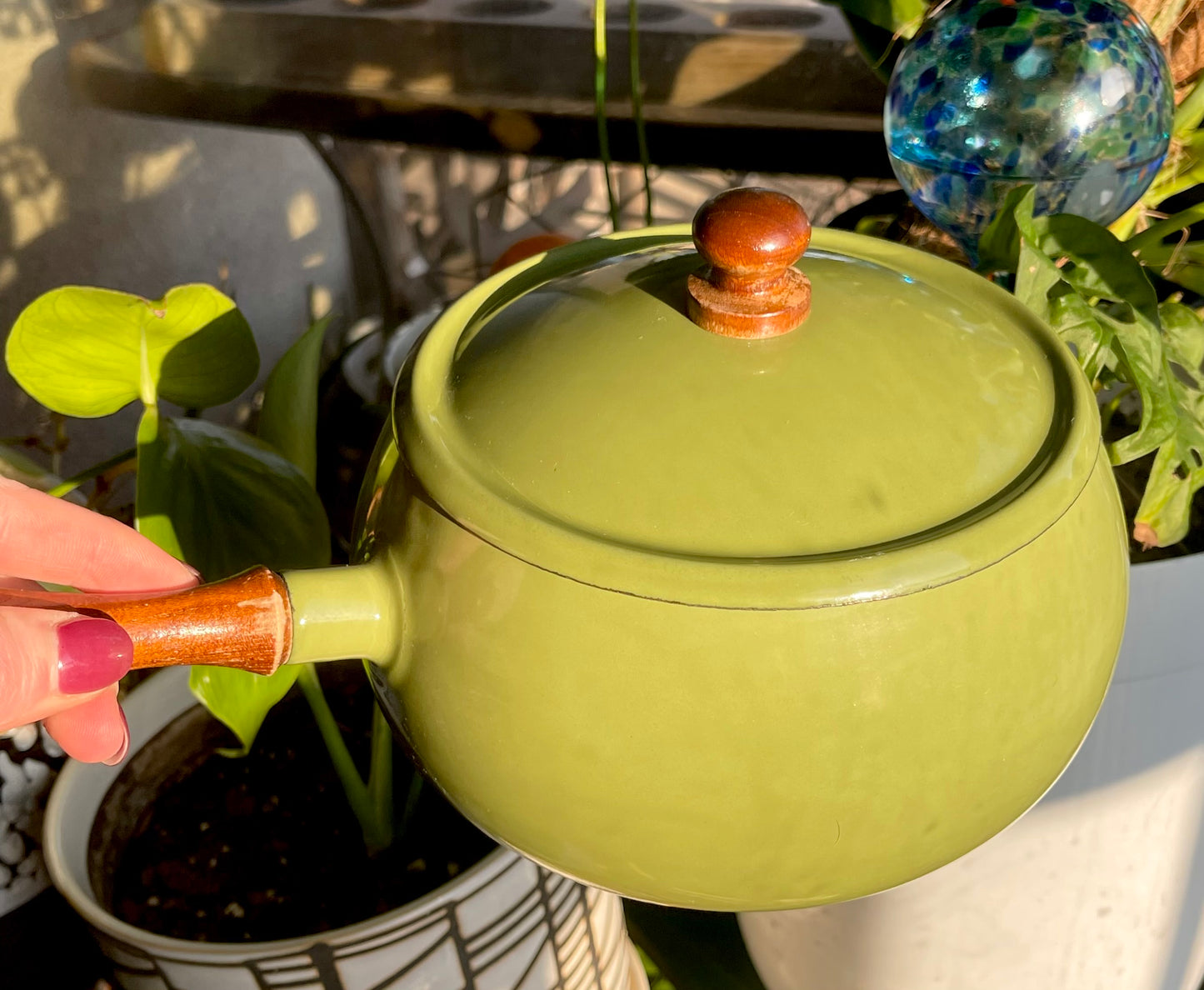 Vintage Retro Wood & Green Metal Fondue Pot