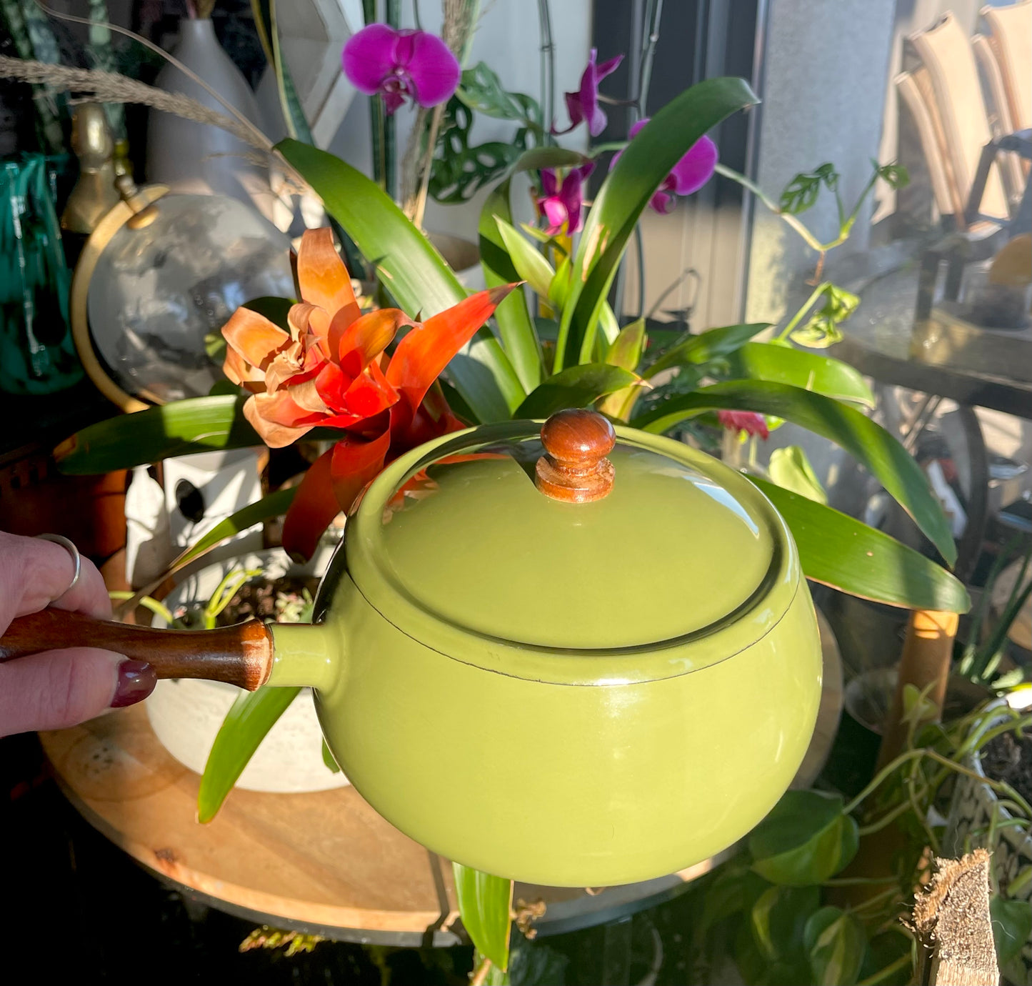 Vintage Retro Wood & Green Metal Fondue Pot