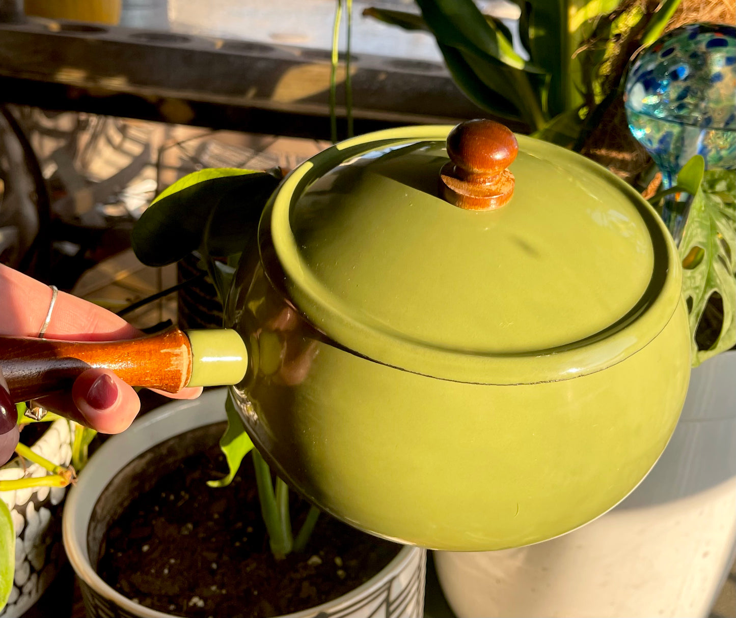 Vintage Retro Wood & Green Metal Fondue Pot