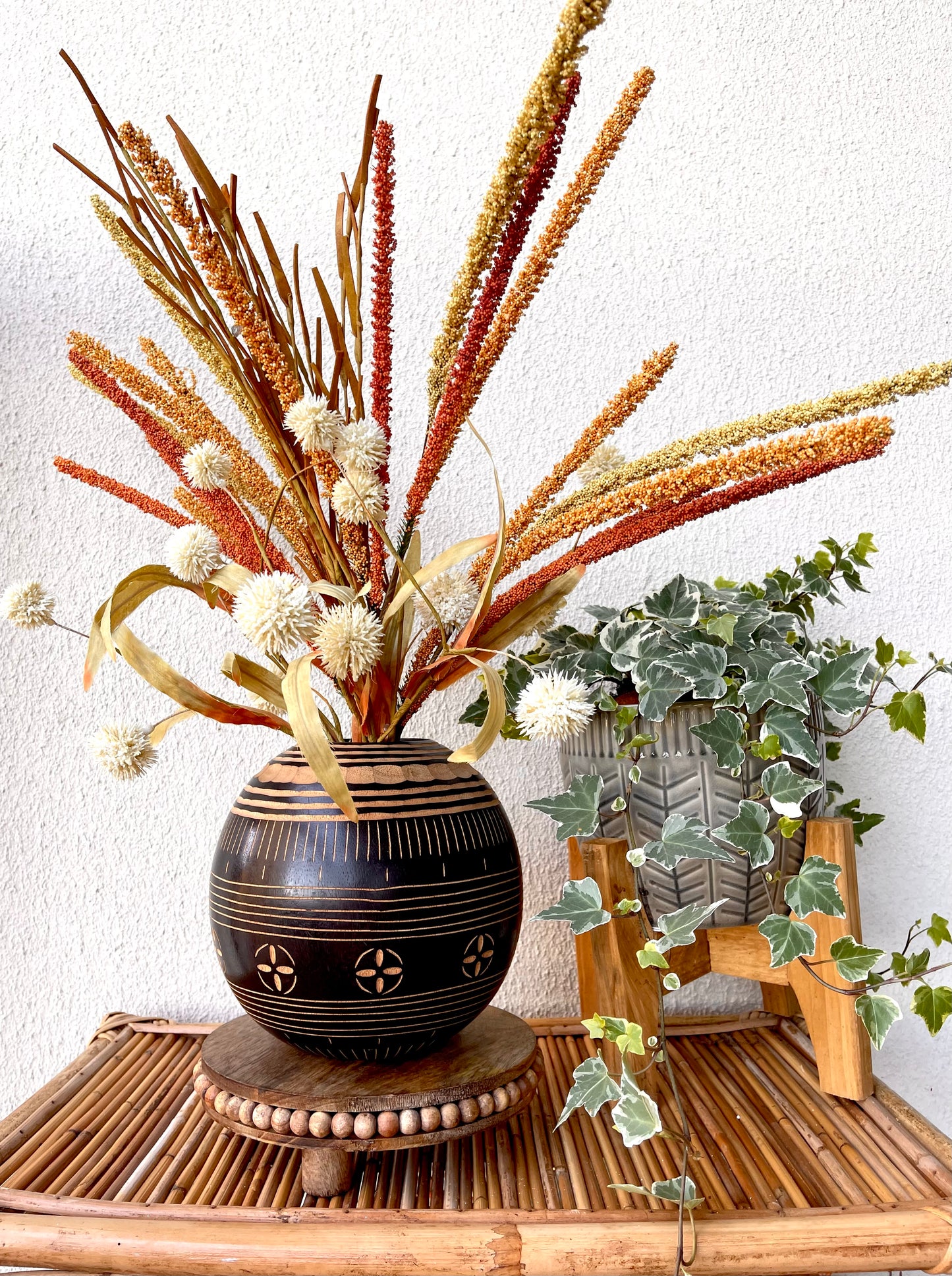 Vintage Hand Carved Round Vase Made In Thailand