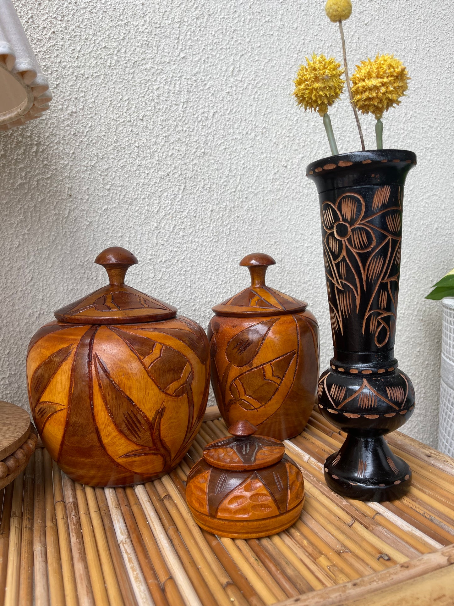 Vintage Hand Carved Lidded Wooden Jar Set