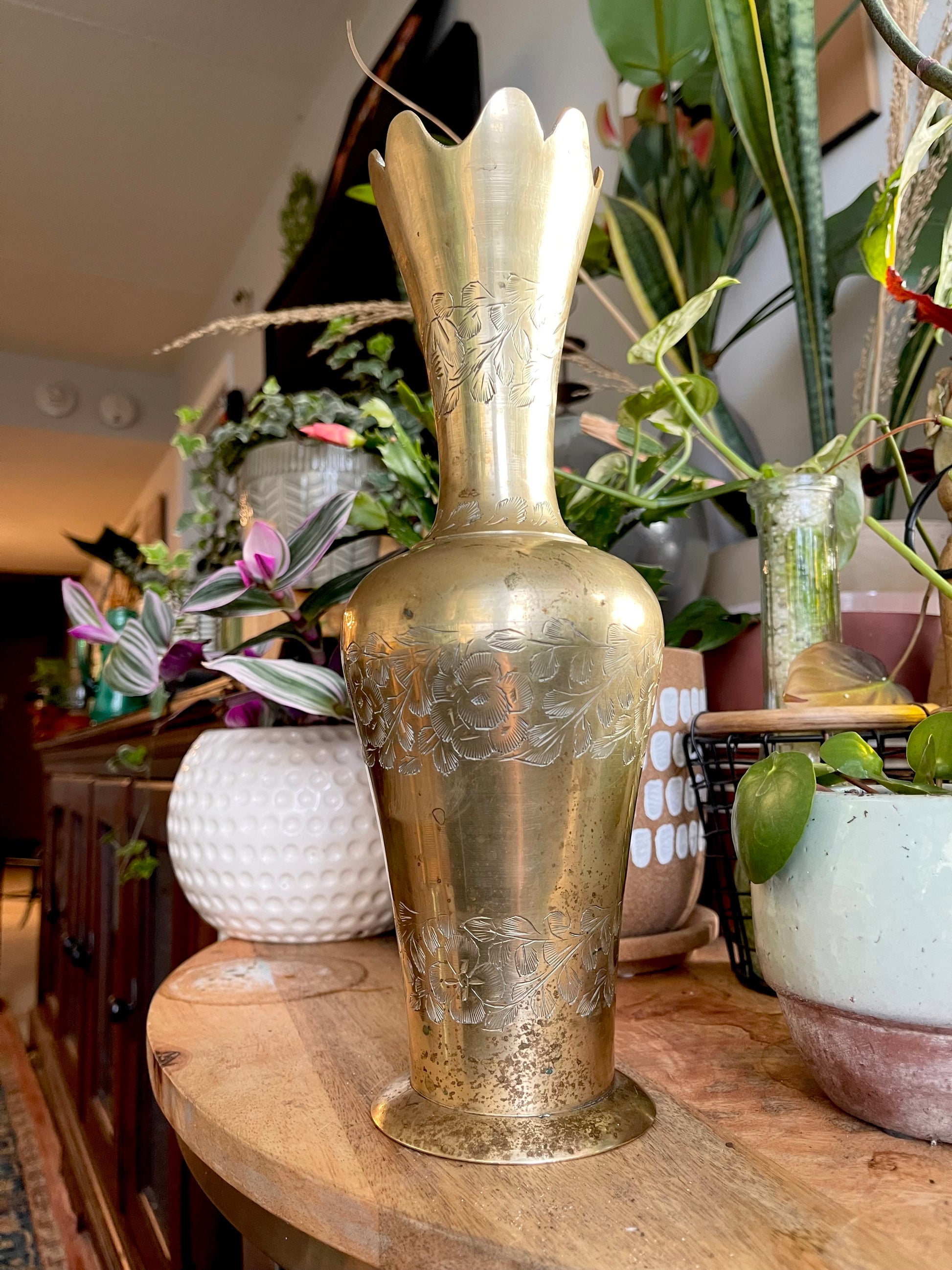 Vintage Brass Floral Etched Vase – Red Brookes Vintage