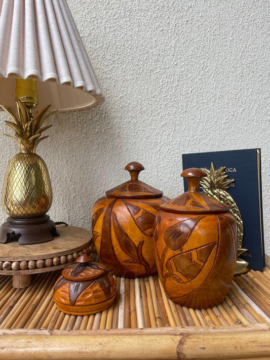 Vintage Hand Carved Lidded Wooden Jar Set