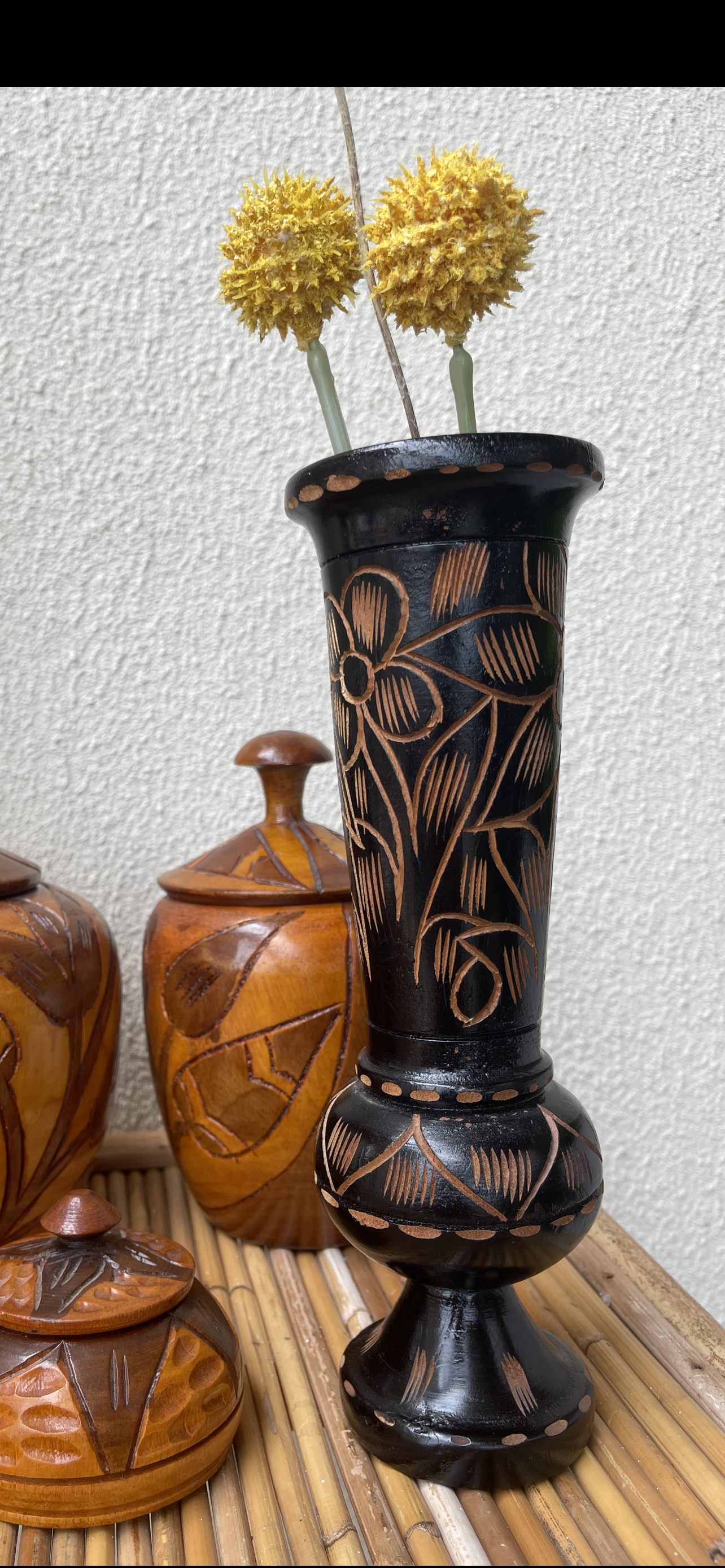 Vintage Jamaican Black Handcarved Vase