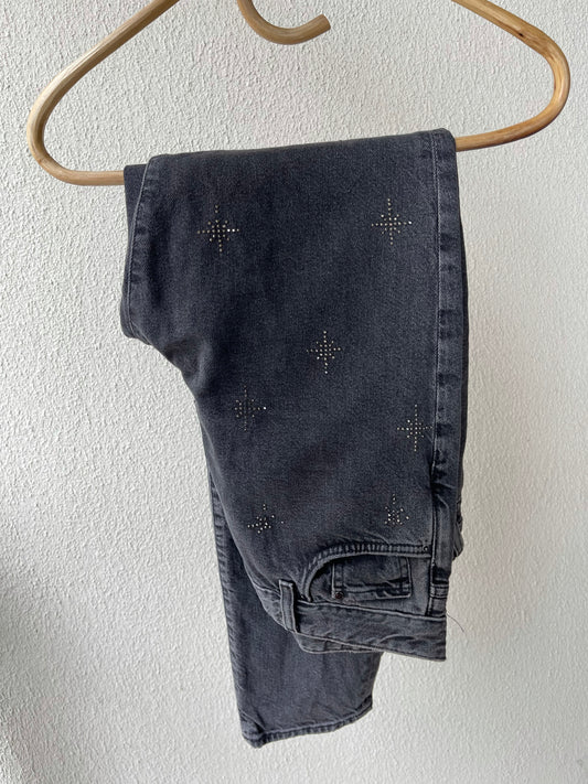 Vintage Style High Waist Black Denim Stud Jeans 28