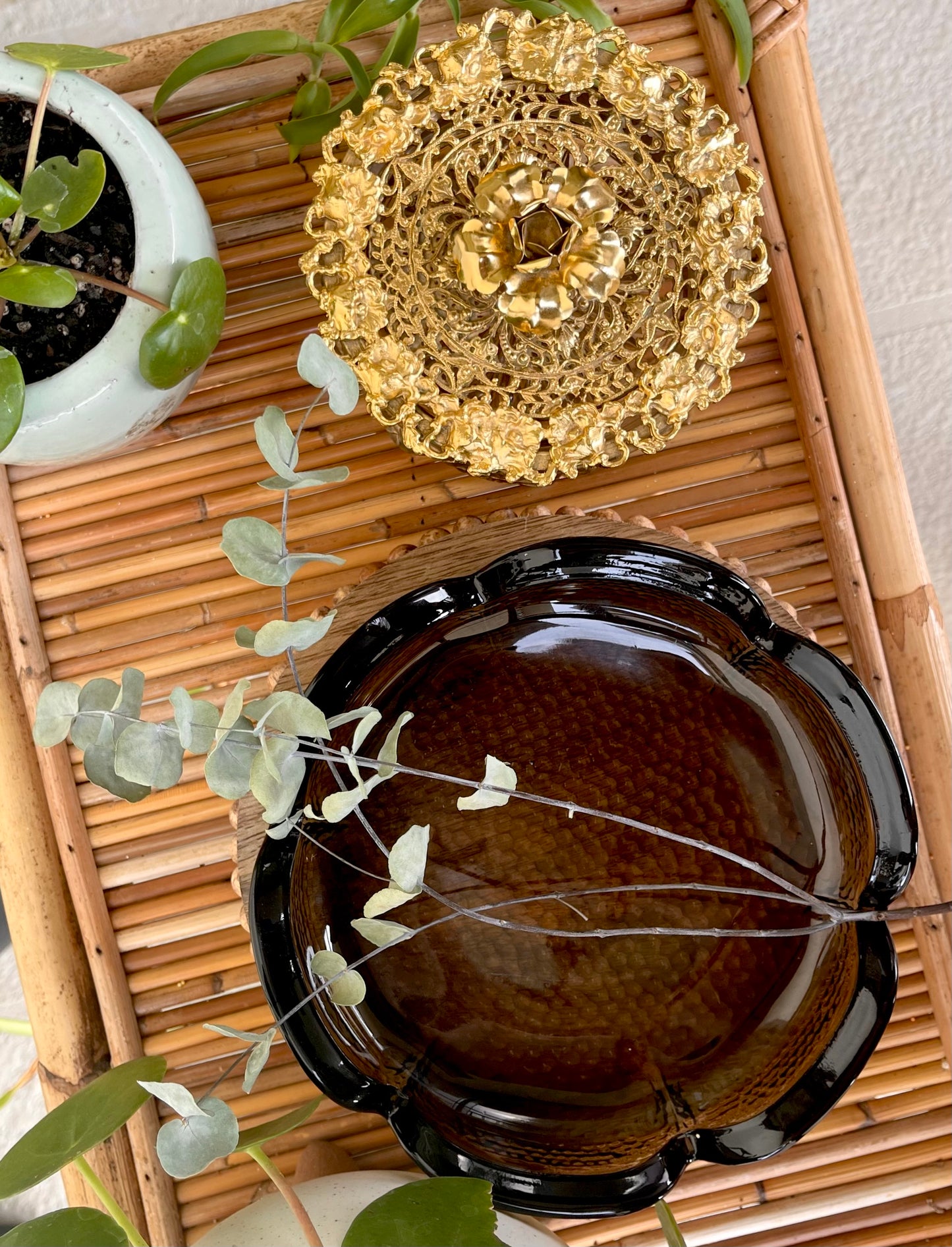 Vintage Blenko Brown Glass Floral Ashtray Dish