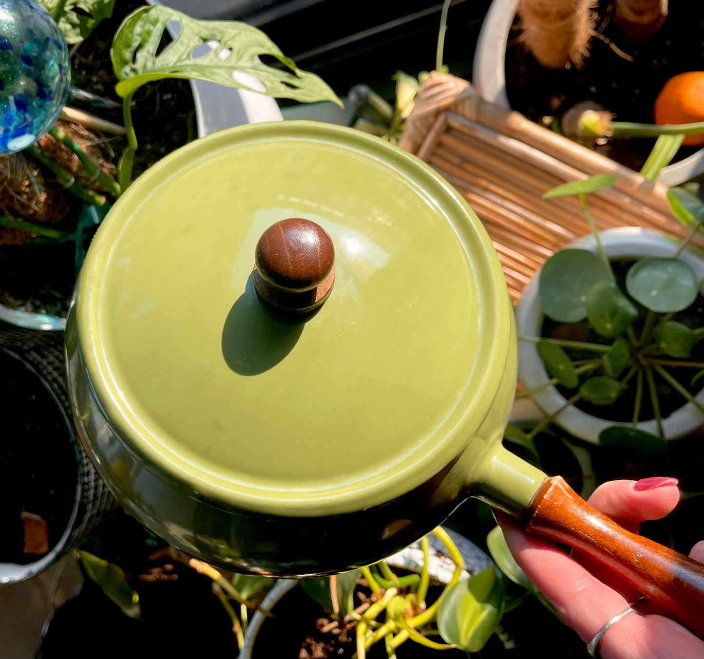 Vintage Retro Wood & Green Metal Fondue Pot